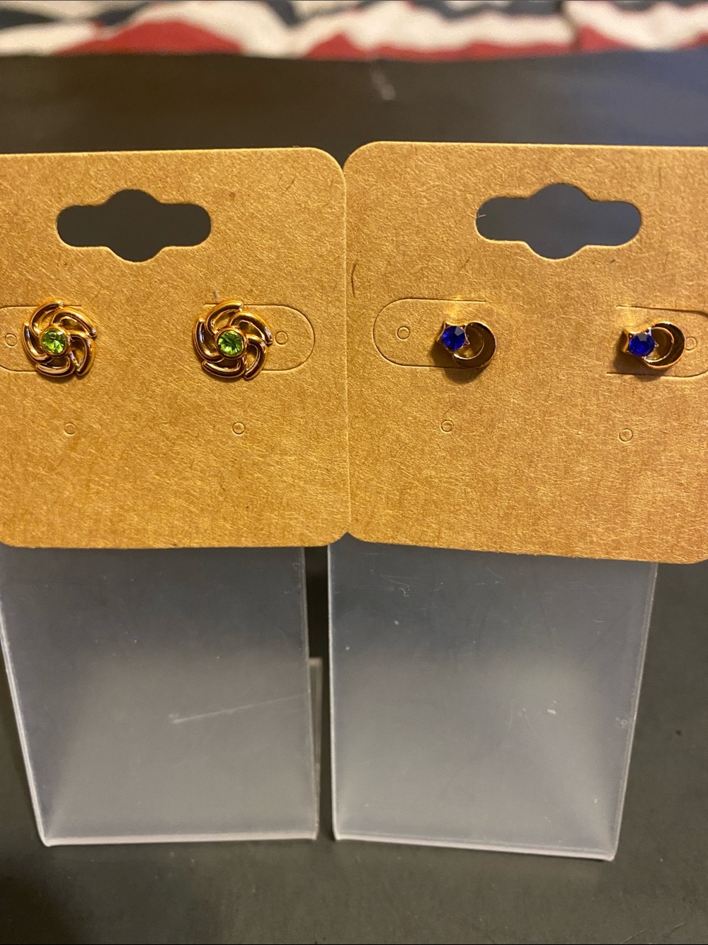 Gold-Tone Stud Earrings Set with Green and Blue Stones